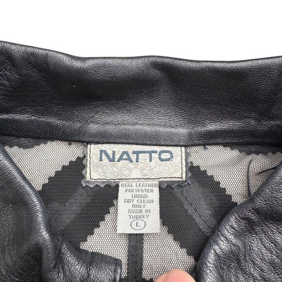 Natto Women's Full Zip Black Leather Jacket Mesh Leaf Applique Design, Size L - Picture 6 of 8